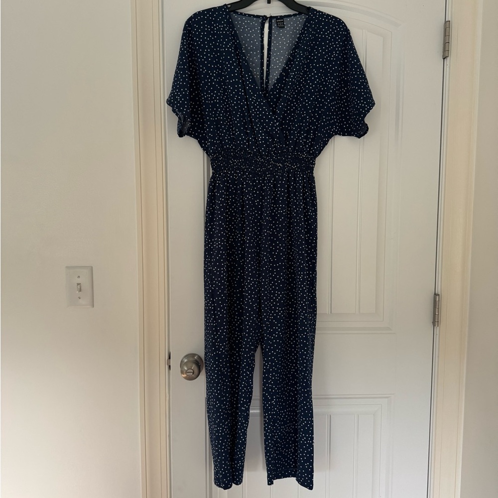SHEIN Blue and White Jumpsuit with Flutter Sleeves